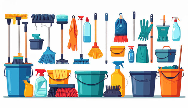 Flat vector set of cleaning supplies such as mop, broom, sponge, gloves, and detergent isolated on white background.