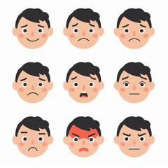 Diverse facial expressions of a young character, showing a range of emotions like joy, sorrow, anger, and neutrality.