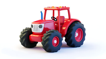 Obraz premium A cartoonish red tractor with large black tires and a white grill on a white background in a studio shot