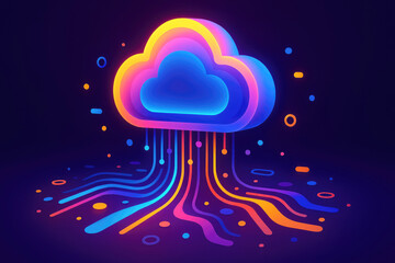 3D neon cloud emitting colorful light streams onto a dark, abstract surface glowing