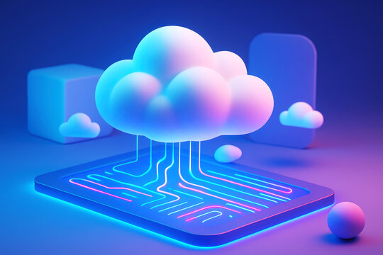 3D rendering of a stylized cloud connected to a glowing circuit board with neon lights computing technology