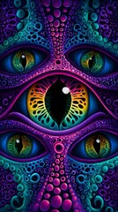 Psychedelische Gesichter und Augen in leuchtenden Farben mit mystischer Symbolik 
