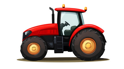 A cartoon illustration of a red tractor with large tires on a white background in a side view angle