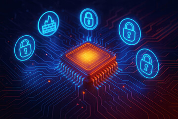 Central processing unit with surrounding cybersecurity icons and glowing circuits processor chip