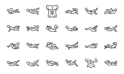 Fitness and Workout Line Icons Set Exercise, Gym Training, Weightlifting, Yoga, Martial Arts, Boxing, Running, Swimming, Sports and Healthy Lifestyle Vector Illustrations