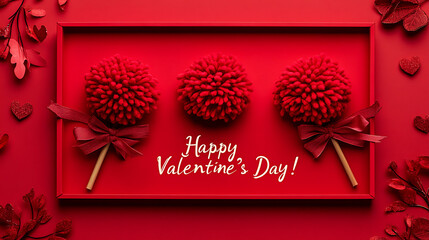 Happy valentine's day with red pom poms and ribbons in a red frame on a red background