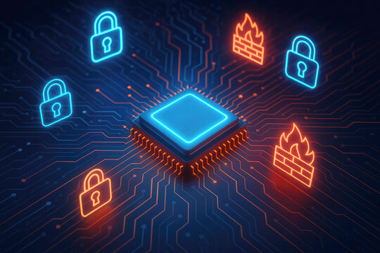 Computer processor with glowing security icons and digital circuit pathways chip technology