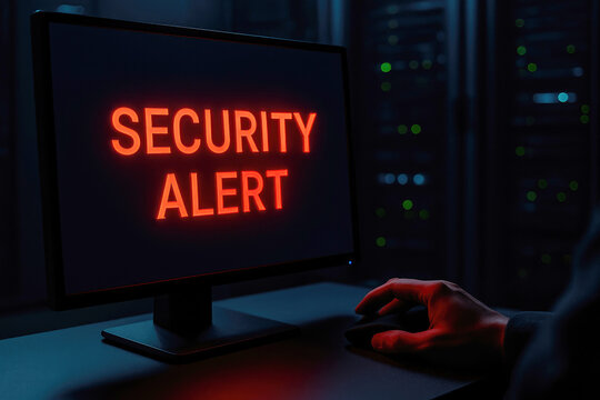 Computer screen displaying security alert in dark server room with person's hand on mouse warning - Powered by Adobe