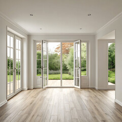 Fototapeta premium empty room with laminate flooring and French window