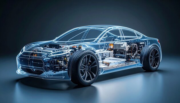 Electric Car Technical Illustration  Transparent View with 3D Render.