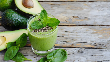 Refreshing Green Smoothie with Fresh Avocado, Spinach, and Mint on a Rustic Wooden Table