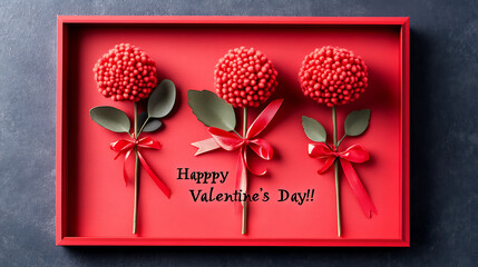 Three red flowers with green leaves and ribbons in a red tray for valentine's day celebration