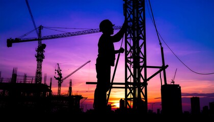 Silhouette of construction worker at sunset