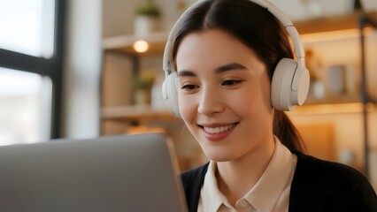 Woman wearing headphones smiles while using a laptop in a cozy indoor setting