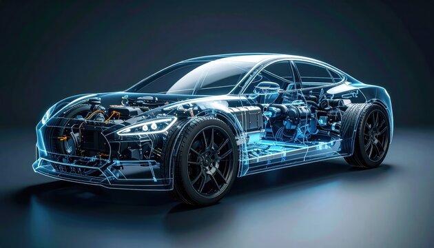 Electric Car 3D Render with Technical View, Futuristic Design, and Dark Background.