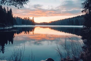 Winter sunset over a still lake