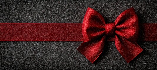 The Glimmering Red Bow on a Dark Textured Gift Surface