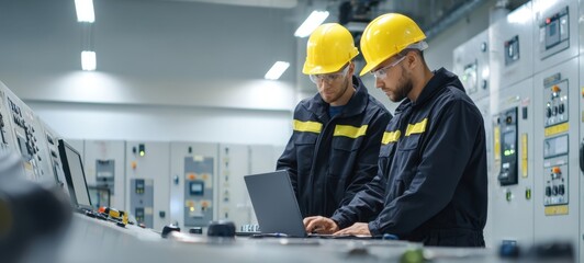 The engineers using a laptop in an industrial control room environment.