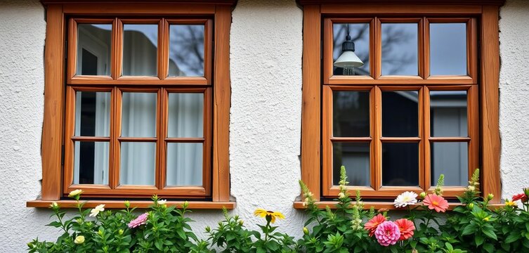 Fototapeta Traditional UK house, timber windows, background view of window frames,  england,   home improvement