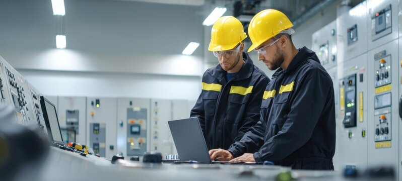 The engineers using a laptop in an industrial control room environment.