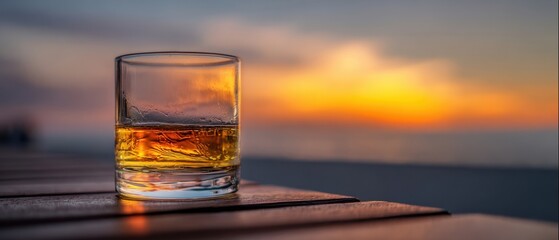 The glass of whiskey reflecting the sunset on a tranquil beach.