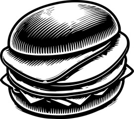 Illustration of a black and white burger with visible layers and detailed hatching technique design art