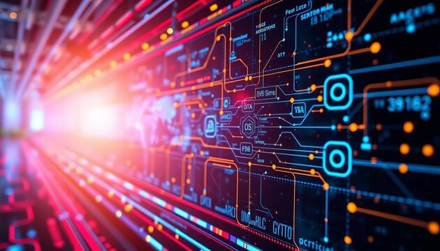 Futuristic network interface showing AI data flow for business solutions, technology, code