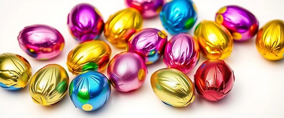 Vibrant foil-wrapped chocolate Easter eggs on white,  colorful foil,  candy