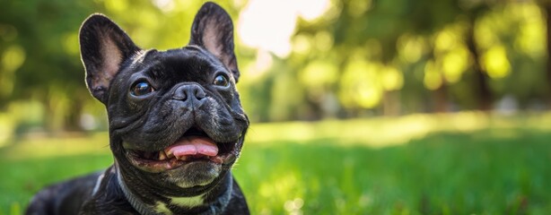 The happy French Bulldog enjoying a sunny day in a lush green park.