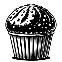 Illustration of a chocolate chip muffin with a paper liner in black and white style graphic
