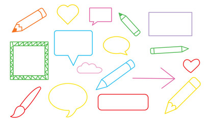Drawing lines, arrows, speech bubbles, pencil highlighter and paintbrush icons with cartoon heart shape and marker pen elements. Vector illustration.