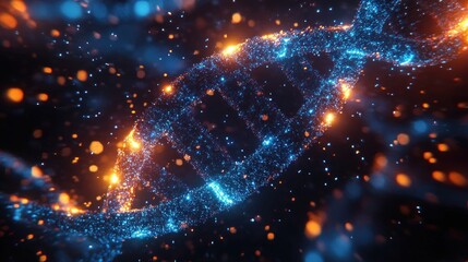 glowing blue and orange digital representation of a dna helix strand with sparkling particles against dark background conveying futuristic and scientific theme