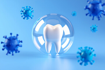 White tooth protected by clear bubble from blue virus particles dental health