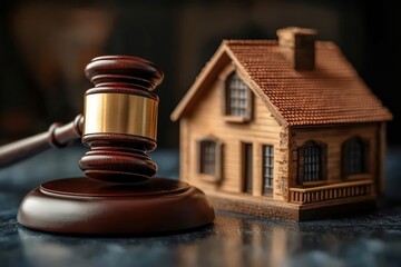 Wooden judge gavel placed next to a detailed miniature house model symbolizing legal decisions related to property or real estate