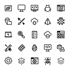 Collection of modern flat icons representing software development and technology concepts