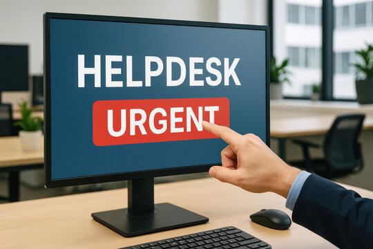 Hand Pointing at Urgent Helpdesk Button on Computer Screen in Bright Office image photo