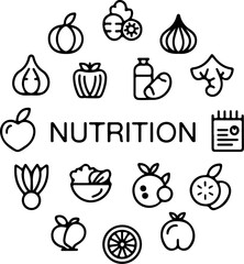 Nutrition themed icon set featuring fruits vegetables and healthy food items in a circular arrangement