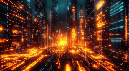 Fototapeta premium Futuristic digital cityscape with glowing orange and blue lights resembling data streams and skyscrapers in a high-tech environment
