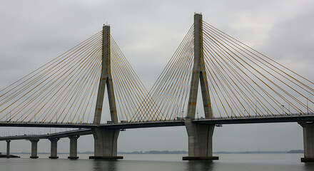 Obraz premium A modern cable-stayed bridge with yellow cables and concrete towers on a calm, gray day.