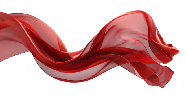 A red fabric is shown flowing gracefully in an abstract motion, displaying smooth and curved shapes with a translucent texture.