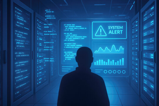 IT technician in a server room observing system alert on a large digital display IT technician data center