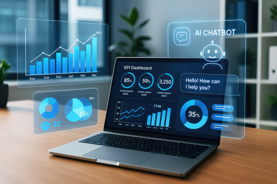 Laptop displaying AI chatbot and financial analytics dashboards with holographic charts Keywords: laptop, computer, technology, data, analytics, dashboard, financial, business, AI, artificial