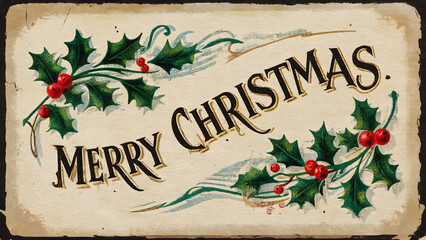 Antique Merry Christmas typography on aged paper with festive holly berry decoration.