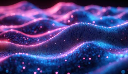 Abstract glowing waveforms with blue and pink illuminated digital particles creating a futuristic and dynamic energy landscape