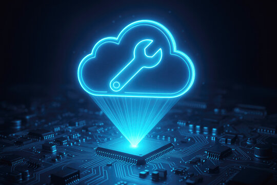 Neon blue cloud with wrench hologram projected from computer chip on circuit board technology computing