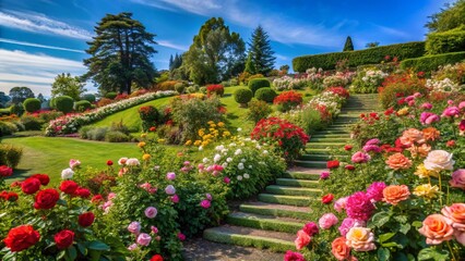 A rose garden at sunset