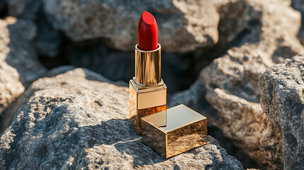 A vibrant red lipstick with golden casing displayed on a textured rock surface in natural light