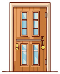 Simple cartoon illustration of a closed wooden front door with glass panes and lock