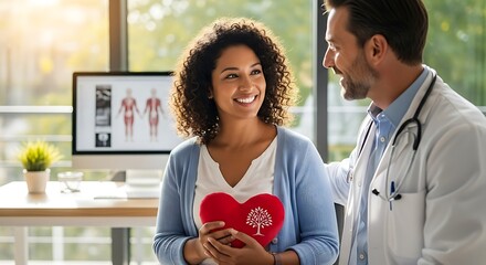 Woman holding heart pillow with doctor during organ donation week
