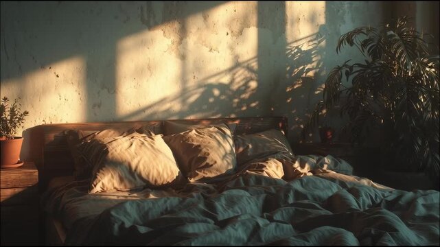 Cozy Bedroom Interior: Sunlight streams into a tranquil bedroom, casting shadows on a rumpled bed and simple decor, creating a serene atmosphere perfect for relaxation and rest.